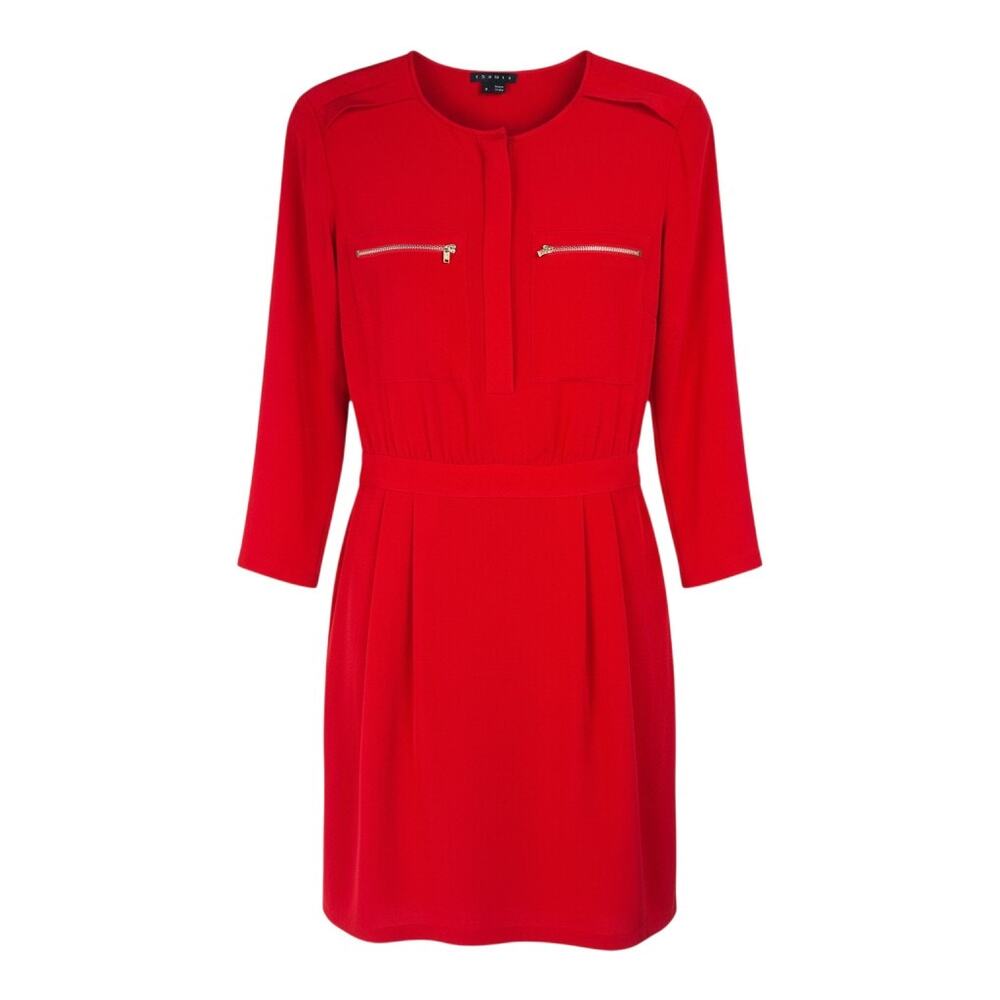 Theory Women's Size 0 Poppy Red Brunella Silk Shirt Dress Gold Zip Pockets